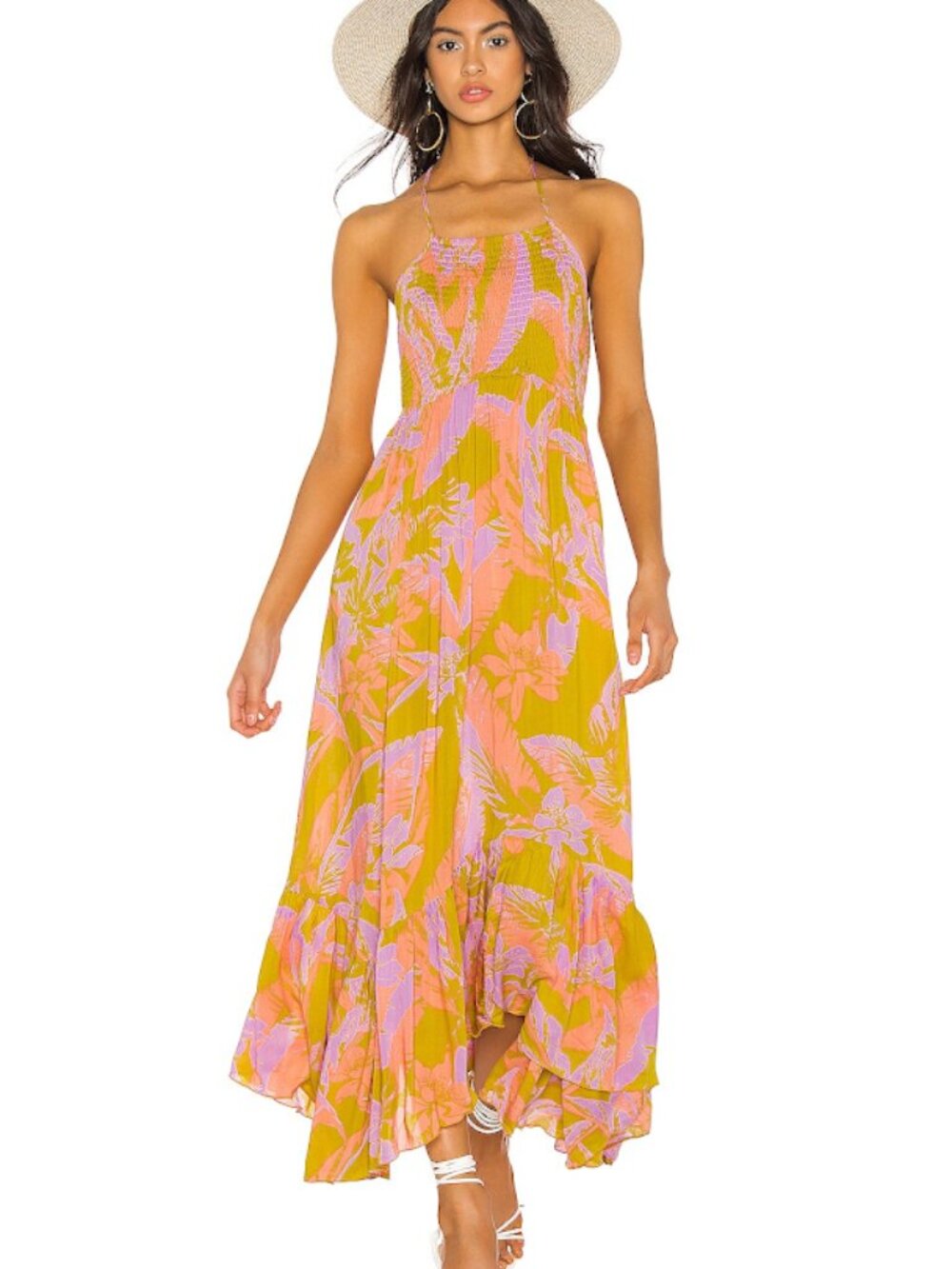 Intimately Free People Pretty Girl Smocked Halter Maxi Dress XS Tropical Floral